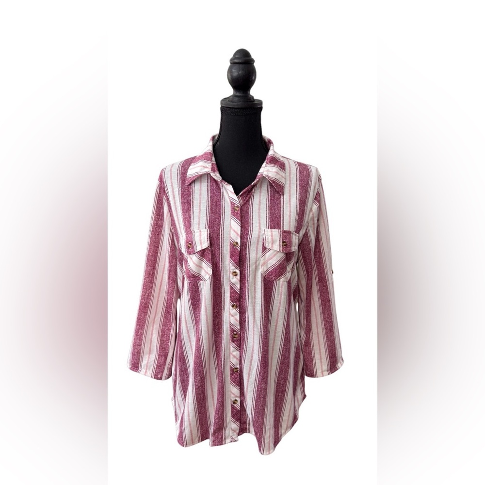 Eden & Olivia Burgundy and White Button Up Shirt with Mid Roll Tab Sleeve